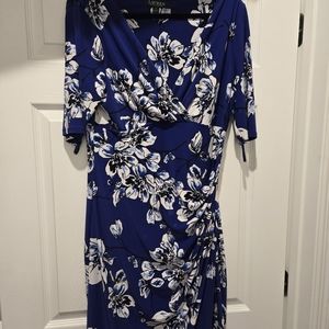 Ralph Lauen Colalt Blue Faux Wrap Floral Dress, Size 14, NWOT